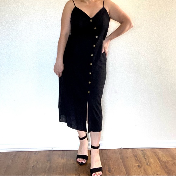 Spaghetti Strap Linen Black Midi Dress - Picture 3 of 12